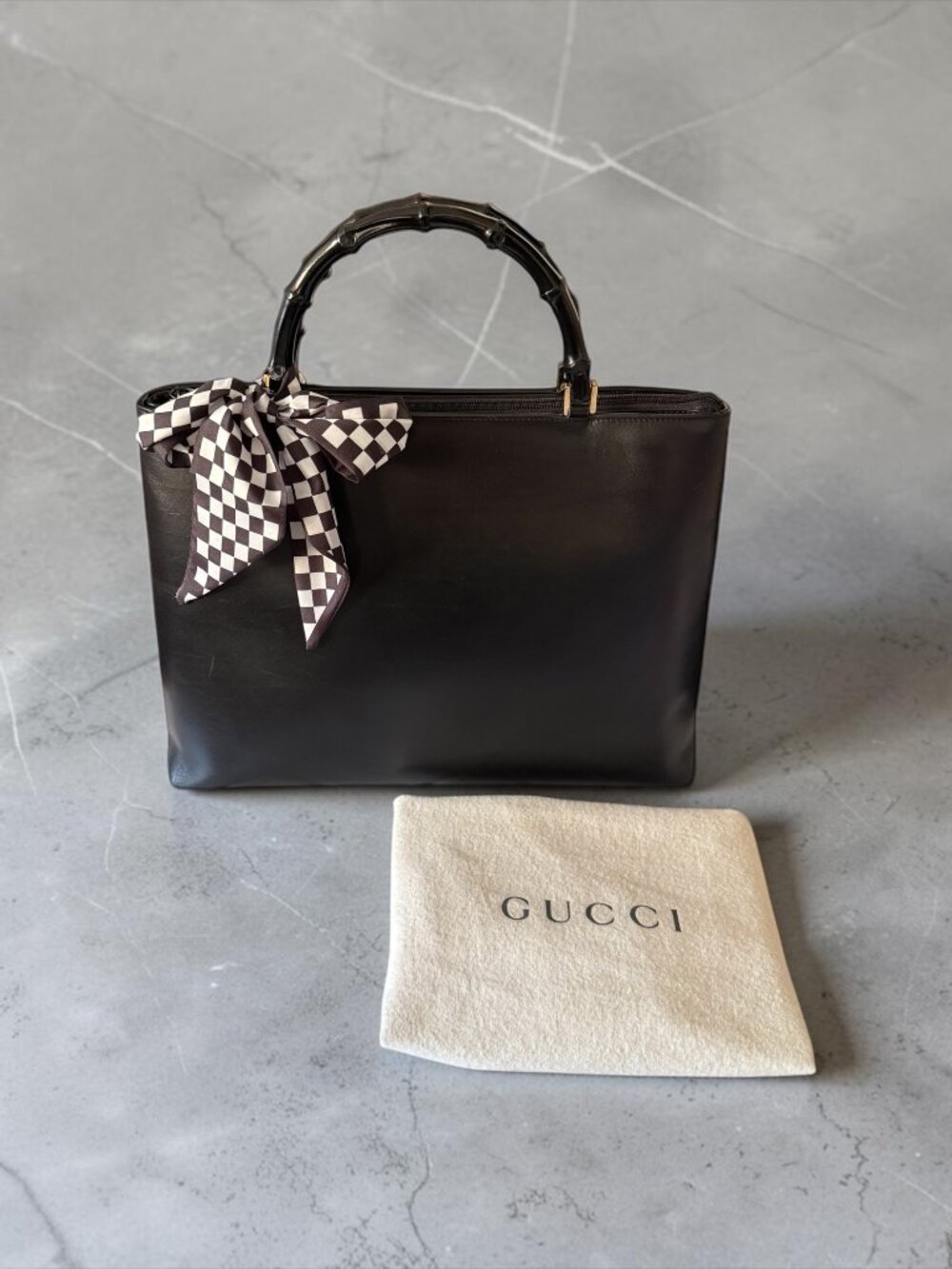 Vintage Gucci Bamboo Handle Black Leather Tote Bag